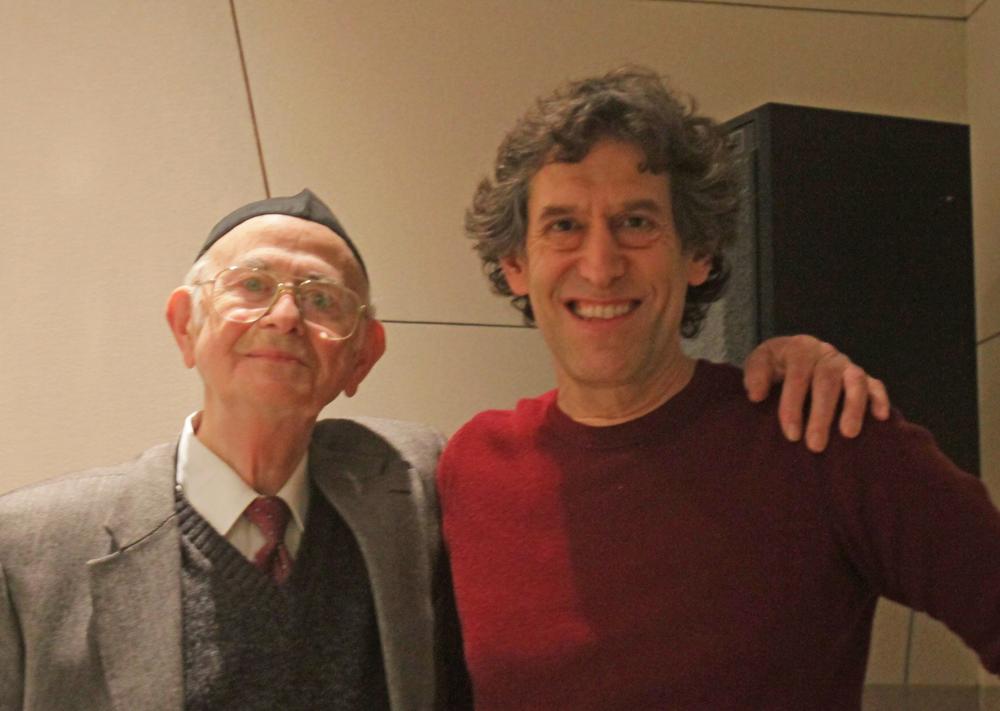 Morris Hollender, left, with Hankus Netsky at WBUR's studios (Jeremy Bernfeld for WBUR)