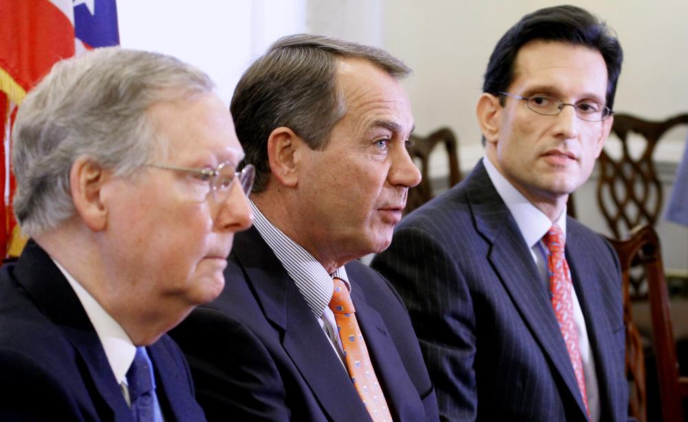 House Minority Leader John Boehner of Ohio, center, accompanied by Senate Minority Leader Mitch McConnell of Ky., left, and House Minority Whip Eric Cantor of Va. speak during a news conference on Capitol Hill in Washington, after meeting with President Barack Obama. (AP)