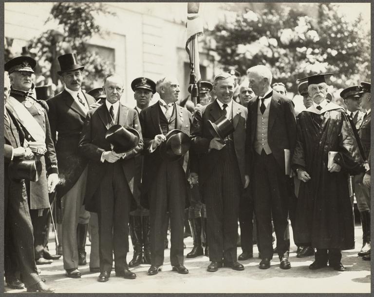 Celebrating the Massachusetts Tercentenary. Left to right: Gen. Pershing, unknown, Calvin Coolidge, Gov. Frank G. Allen, James M. Curley, John D. Rockefeller, Abbott L. Lowell &mdash; Presdent Of Harvard (Boston Public Library/Flickr)
