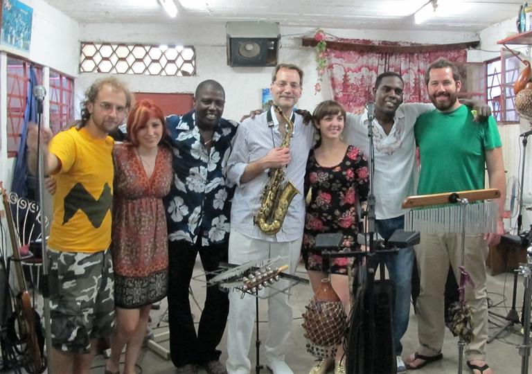 Students, and Prof. Neil Leonard, center with sax, from Berklee&#39;s Interarts Ensemble in Cuba (Courtesy of Berklee)