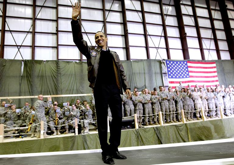 President Obama waves to the troops at Bagram Air Field. (AP)