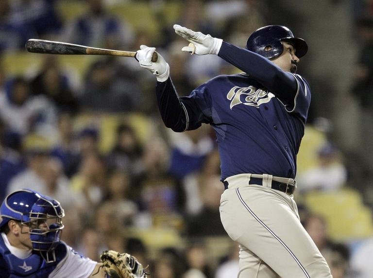 San Diego Padres&#039; Adrian Gonzalez follows through on a double during a baseball game with the Los Angeles Dodgers in Los Angeles, Sept. 21. (AP)
