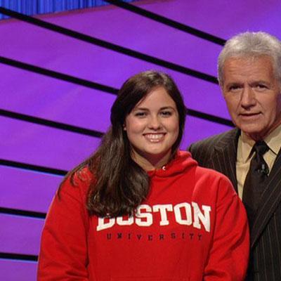 Boston University sophomore Erin McLean with host Alex Trebek (Jeopardy Productions, Inc.)
