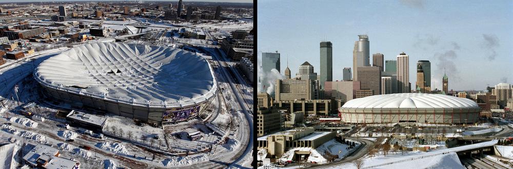 The inflatable roof of the Metrodome collapsed Sunday after a snowstorm dumped 17 inches on Minneapolis. (AP)