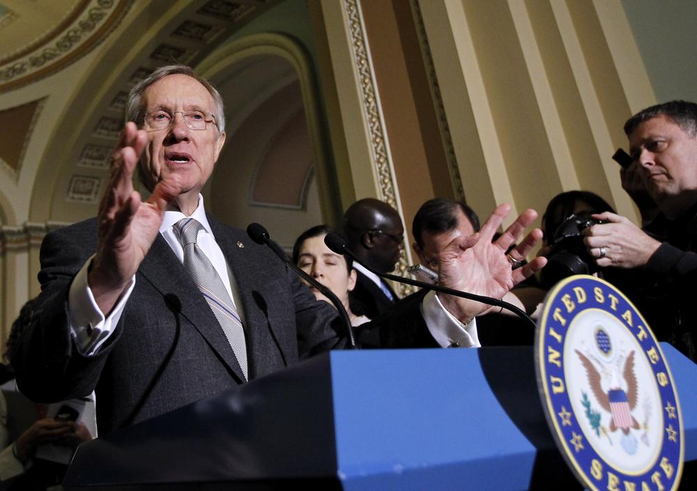Senate Majority Leader Sen. Harry Reid Nev., gestures during a news conference on Capitol Hill in Washington. (AP)