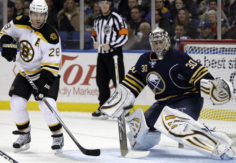 Buffalo goalie Ryan Miller watches the puck under pressure from Boston&#39;s Mark Recchi (28) during the second period of the game in Buffalo, N.Y., on Wednesday. (AP)