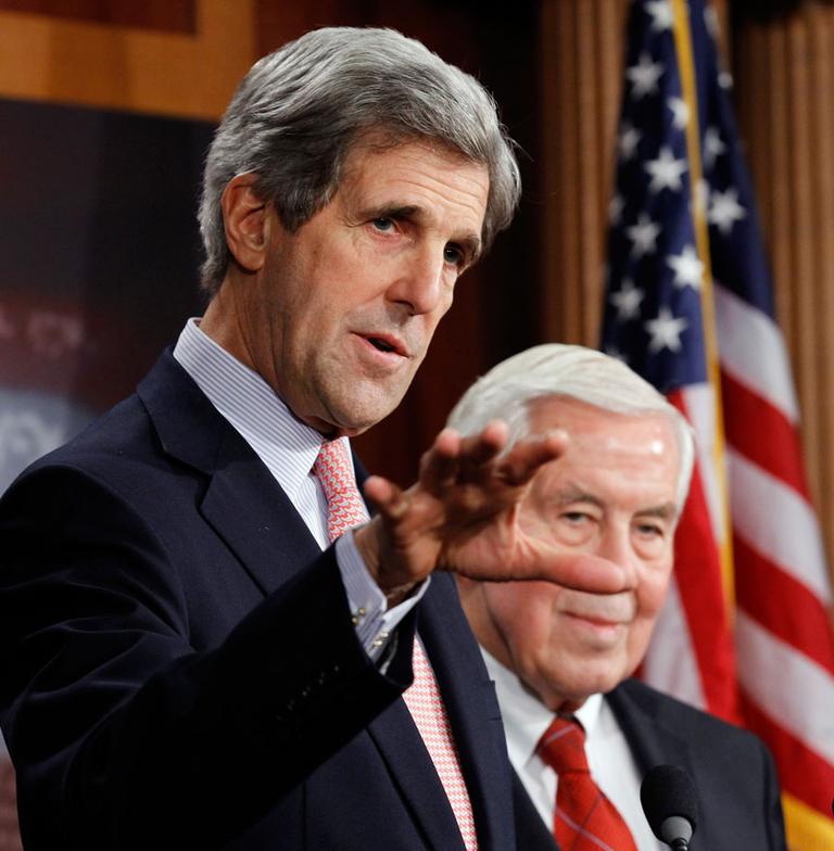 Sen. John Kerry, D-Mass., left, and Sen. Richard Lugar, R-Ind., talk about the New START Treaty on Capitol Hill Tuesday. (AP)