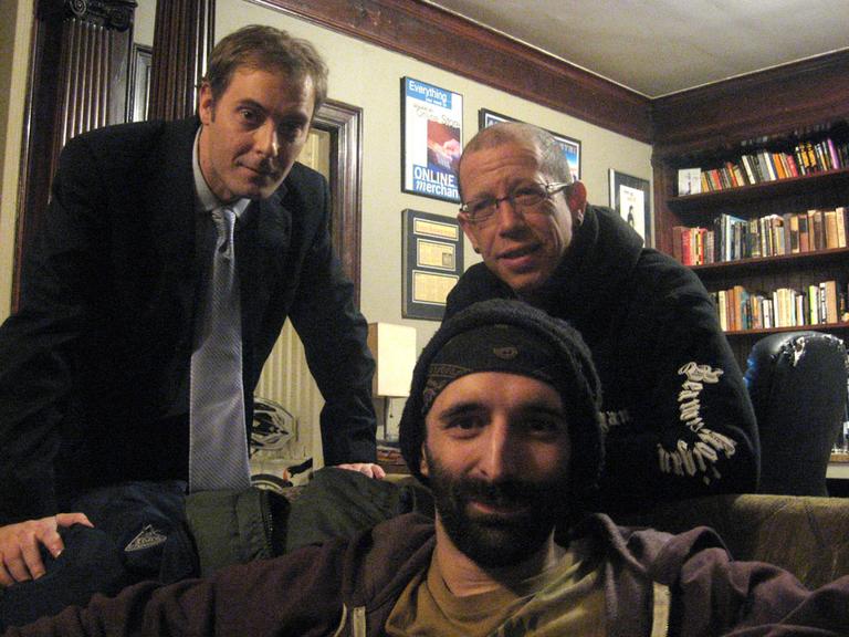 Actor Tom Dustin, left, Scott Matalon, right standing, and Rob Potylo. (Andrea Shea/WBUR)