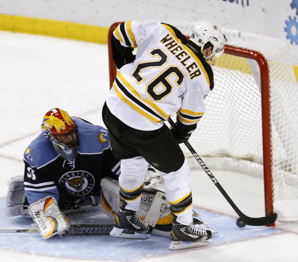 Florida goalie Scott Clemmensen is unable to block a shot by Boston's Blake Wheeler (26) during the shootout of the game in Sunrise, Fla., on Monday. The Bruins won 3-2. (AP)