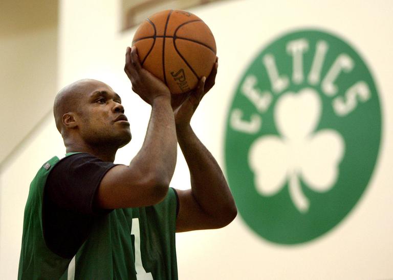 Then-Celtics forward Antoine Walker takes foul shots at the team's practice facility in 2005. (AP)