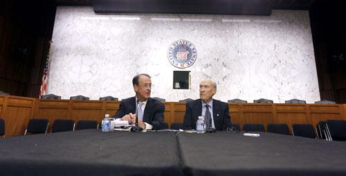 Debt Commission co-chairmen Erskine Bowles, left, and former Wyoming Sen. Alan Simpson speak to the media after a meeting of the commission, Dec. 1, 2010. (AP)