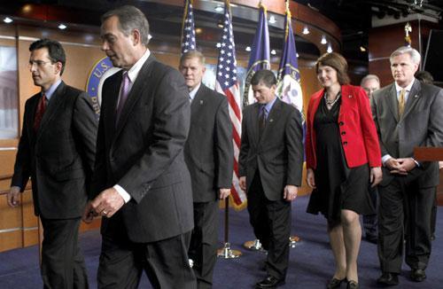 From left: House Minority Whip Eric Cantor of Va., left, and House Speaker in waiting John Boehner of Ohio, Rep. Pete Sessions, R-Texas, Rep. Jeb Hensarling, R-Texas, Rep. Cathy McMorris Rodgers, R-Wash., Rep. Tom Price, R-Ga., and Rep. Kevin McCarthy, R-Calif. (AP)