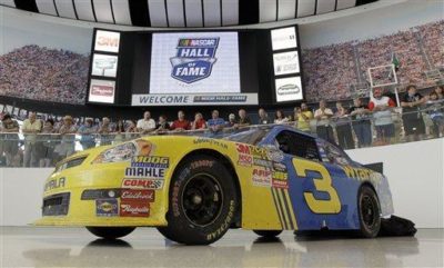 The car Dale Earnhardt, Jr. drove to victory at Daytona is shown at the NASCAR Hall of Fame in Charlotte, N.C. The hall has struggled to make money since opening in May. (AP Photo)