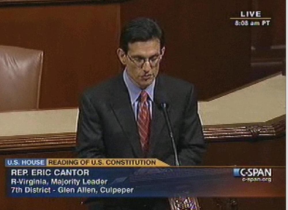 New House Minority Leader Eric Cantor (R-VA) takes part in reading the U.S. Constitution on the House floor. (screen capture: C-span.org)