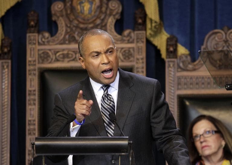 Newly re-elected Gov. Deval Patrick addresses an audience in the House Chamber during his inaugural address Thursday. (AP)