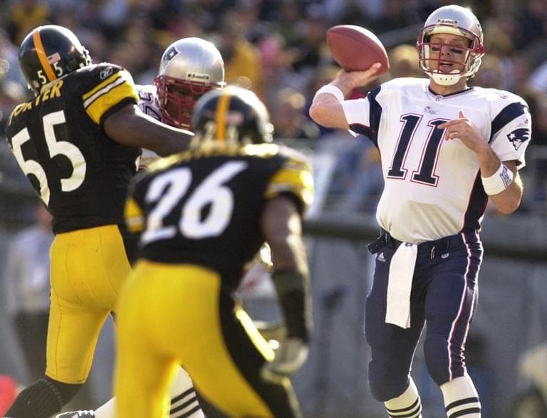 Drew Bledsoe (11) drops back to pass in the Patriots' 2002 AFC Championship win against the Steelers. (AP)