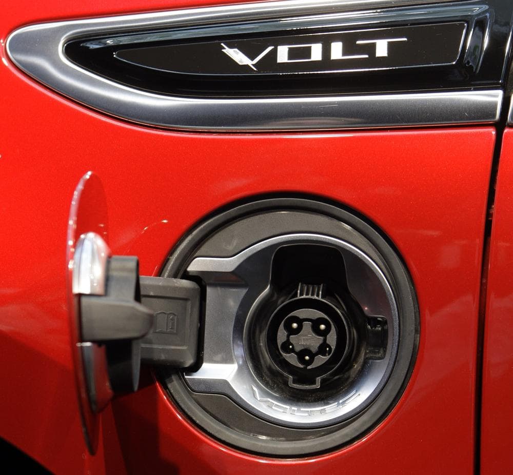 The electrical charging port sits just ahead of the driver's door on the Chevy Volt. (AP)