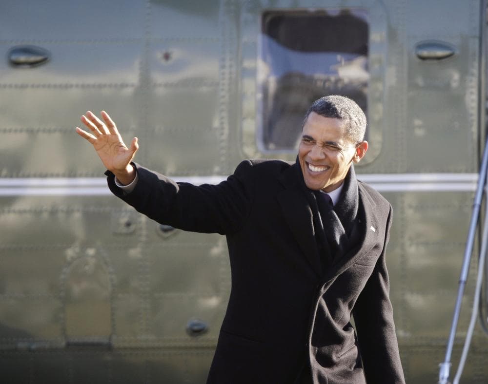 President Barack Obama waves as he arrives on the South Lawn of the White House in Washington, Friday, Jan. 21, 2011,  from a trip to Schenectady, N.Y. (AP Photo/Pablo Martinez Monsivais)