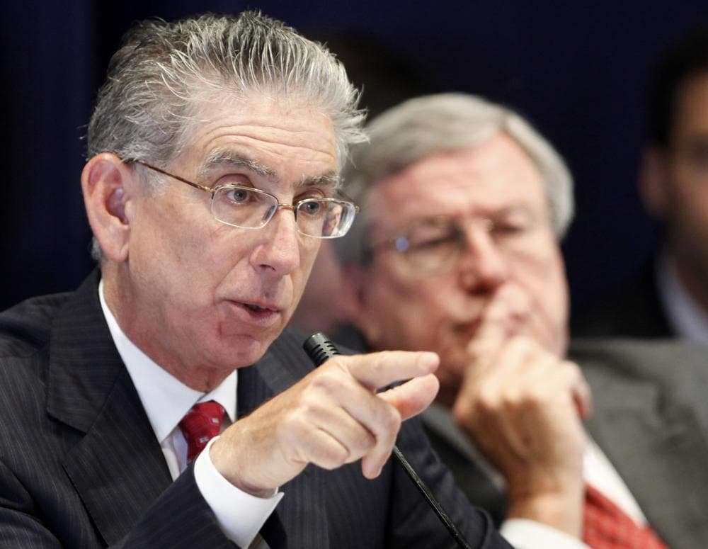 Philip Angelides, left, chairman of the Financial Crisis Inquiry Commission, and vice chairman Bill Thomas, listen to testimony, Wednesday in 2010, in New York. (AP)