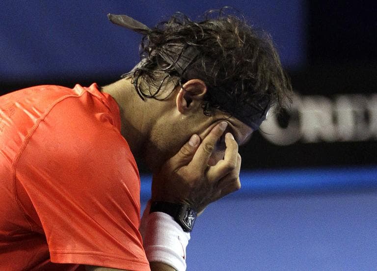 Rafael Nadal tears up during his quarterfinal loss at the Australian Open. (AP)