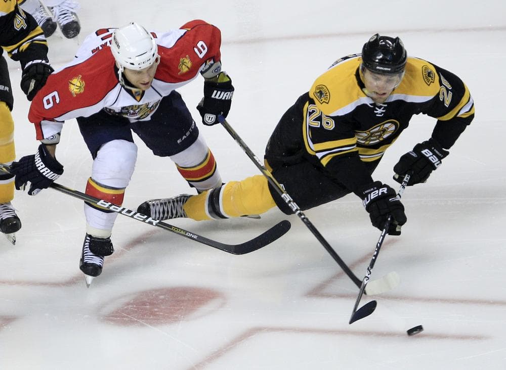 Boston right wing Blake Wheeler, right, get tripped up by Florida Panthers defenseman Dennis Wideman (6) during the third period of the game in Boston on Wednesday. The Bruins beat the Panthers 2-1. (AP)