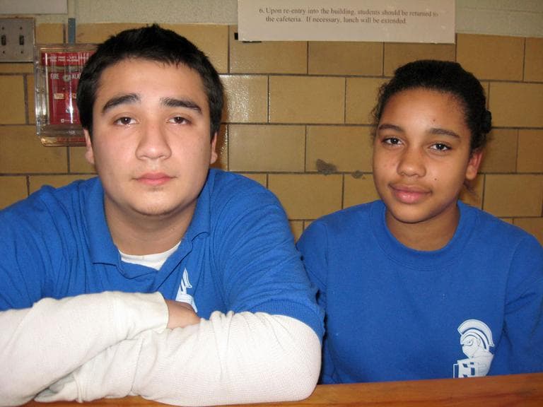 For standing up to bullies, Kevin Mendez and Monique Reyes earned the &quot;defender&quot; title at Washington Irving Middle School. (Sacha Pfeiffer/WBUR)