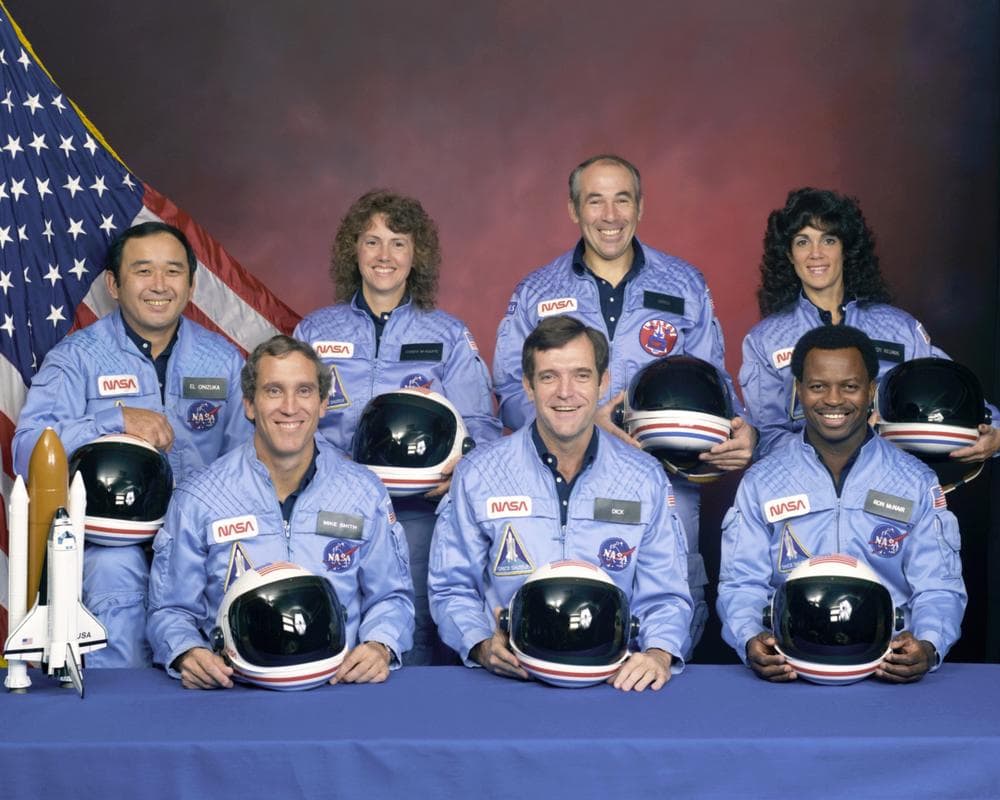 The crew of the Challenger. Christa McAuliffe is back, second from left. Click to enlarge. (AP) 