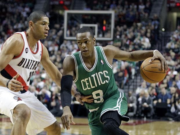 Boston Celtics guard Rajon Rondo drives to the basket Thursday night against Portland. (AP)