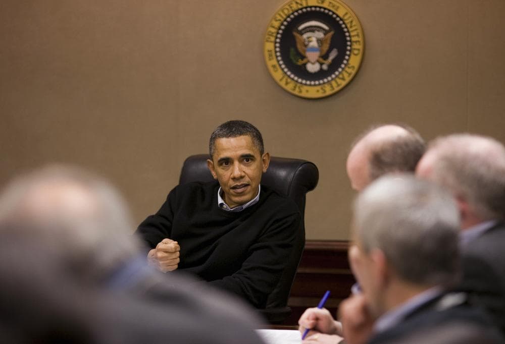 In this photo released by the White House, President Barack Obama is briefed on the events in Egypt by his national security team meeting in the Situation Room of the White House in Washington on Saturday, Jan. 29, 2011. (AP Photo/The White House, Pete Souza)