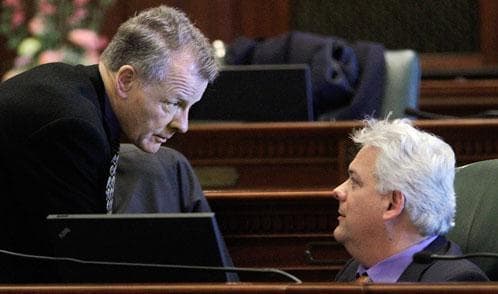 Illinois House Speaker Michael Madigan, D-Chicago, left, and Rep. Jack D. Franks, D-Woodstock, right, at the State Capitol in Springfield, Ill., Jan. 13, 2011. (AP)