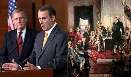 Senate Minority Leader Mitch McConnnell and Incoming House Speaker John Boehner (AP); scene at the signing of the U. S. Constitution in 1787.