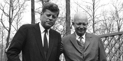 President John Kennedy and former President Dwight Eisenhower at Camp David in Maryland, April 22, 1961, where the two met to discuss Cuba. (AP Photo)