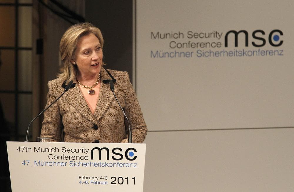 US Secretary of State Hillary Rodham Clinton delivers her speech during the Conference on Security Policy in Munich, Germany, Saturday, Feb. 5, 2011.   (AP Photo/Frank Augstein)