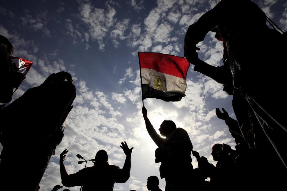 Egyptian anti-Mubarak protesters chant as they wave Egyptian flags during their protest in Cairo, Egypt, Sunday, Feb. 6, 2011.  (AP Photo/Amr Nabil)