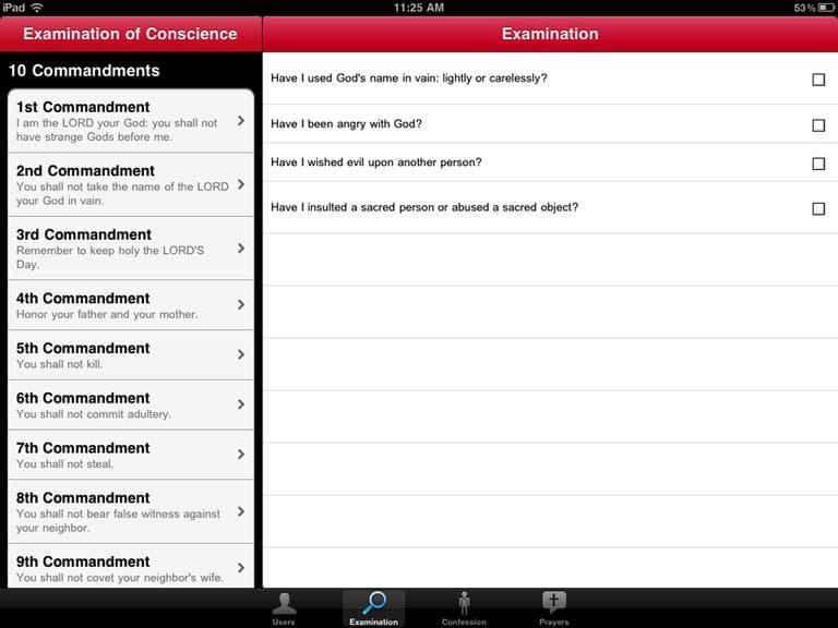 The &quot;Examination of Conscience&quot; screen of the &quot;Confession&quot; iPad app. (Courtesy LittleIApps)