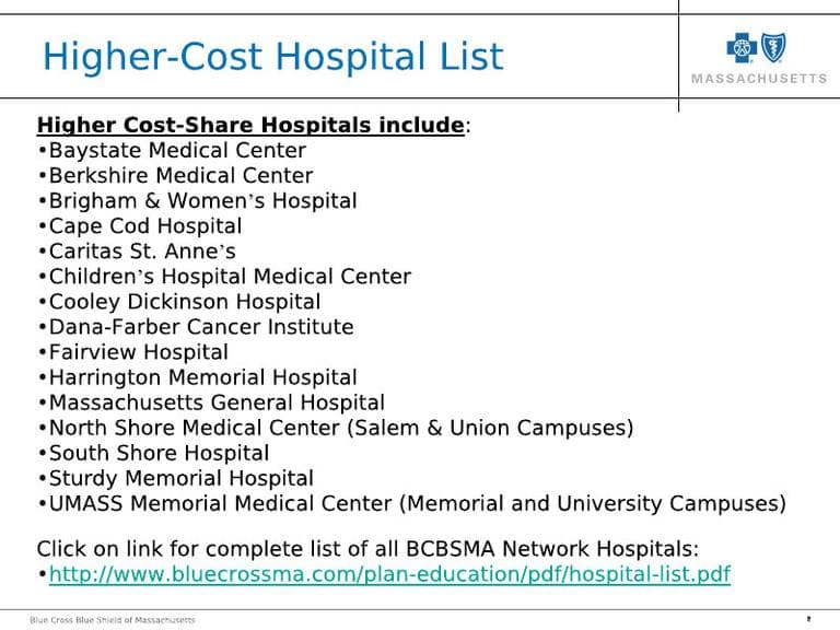 A list of the state's &quot;higher-cost&quot; hospitals (Courtesy Blue Cross Blue Shield of Massachusetts)