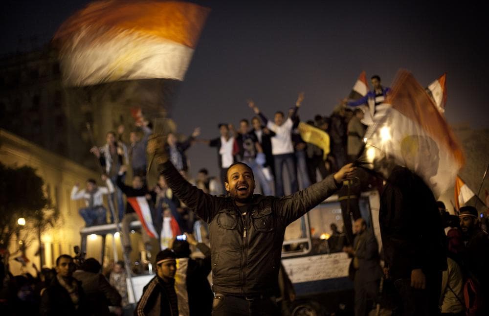 Anti-government protesters celebrate in Tahrir Square in downtown Cairo, Egypt. (AP)