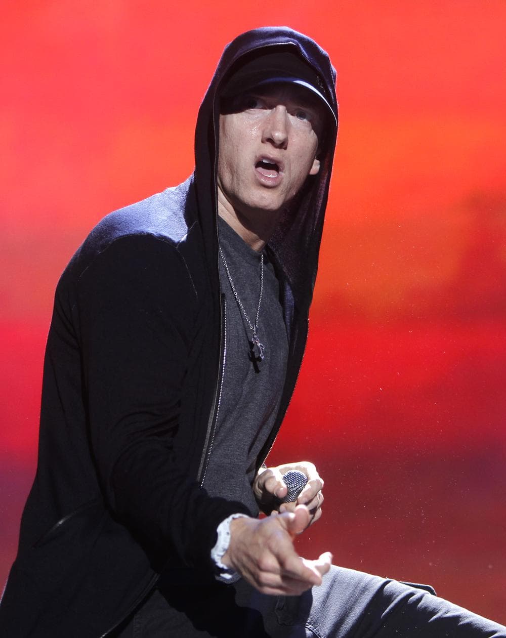 FILE - In this Sept. 13, 2010 file photo, rapper Eminem performs at Yankee Stadium in New York. (AP Photo/Jason DeCrow, File)