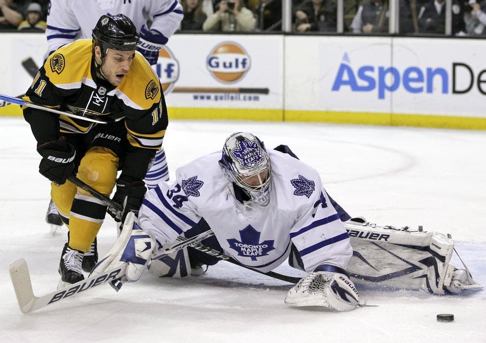 Toronto goalie James Reimer (34) keeps the puck out of the net as Boston center Gregory Campbell (11) tries to get a stick on it during the second period of the game in Boston on Tuesday. (AP)