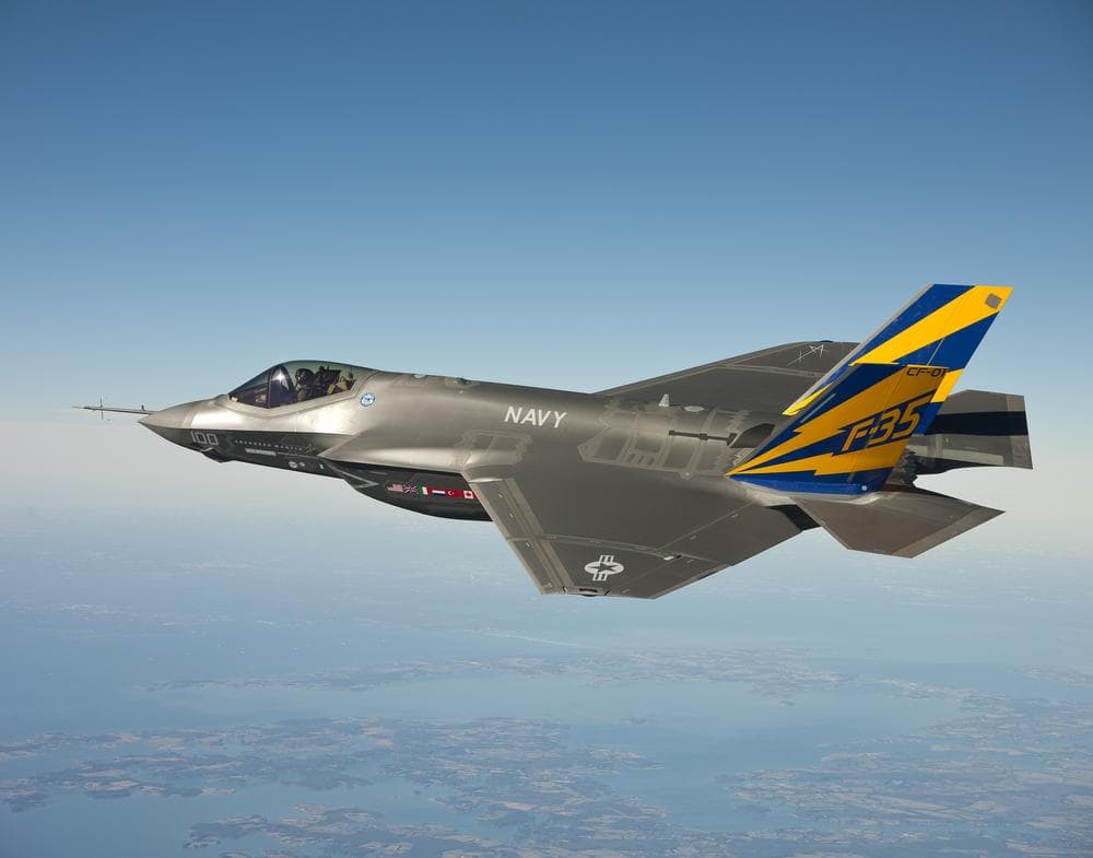 A variant of the F-35 Joint Strike Fighter, the F-35C, conducts a test flight over the Chesapeake Bay. (AP/U.S. Navy, Lockheed Martin)