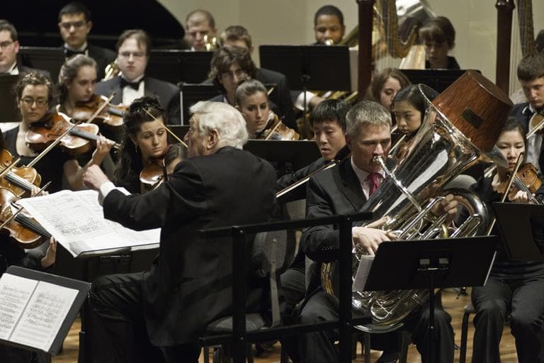 Gunther Schuller conducts the tuba concerto with the tuba player taking a prime spot. (Michael Lutch/Courtesy Boston University)