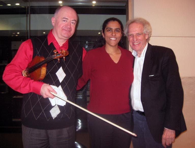 Violinist Ilya Kaler, Radio Boston's Meghna Chakrabarti and the Boston Philharmonic's Benjamin Zander (Adam Ragusea/WBUR) 