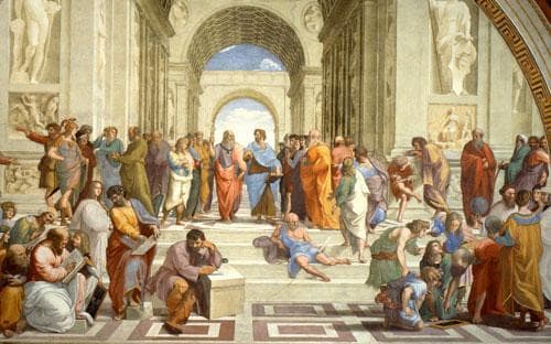 The School of Athens, or Scuola di Atene, by the Italian Renaissance artist Raphael, painted between 1510 and 1511. (Wikimedia Commons)