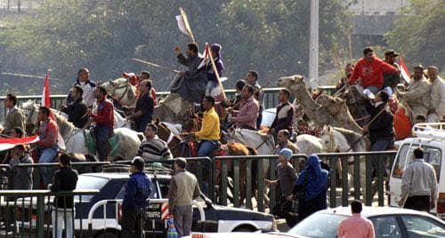 Supporters of President Hosni Mubarak, including some riding horses and camels and wielding whips, march towards anti-Mubarak protesters in Cairo, Egypt, Feb.2, 2011. (AP)