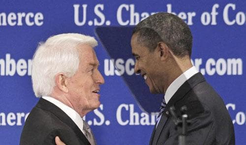 President Barack Obama is introduced by U.S. Chamber of Commerce President and CEO Thomas Donohue before speaking at the Chamber in Washington, Feb. 7, 2011. (AP)