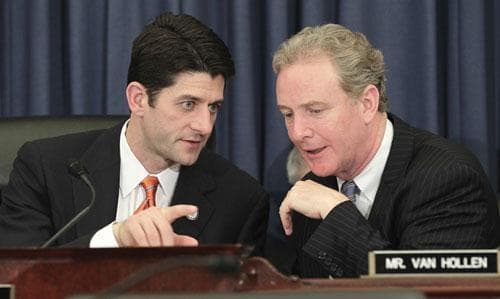 House Budget Committee Chairman Rep. Paul Ryan, R-Wis. left, confers with the committee&#39;s ranking Democrat Rep. Chris Van Hollen, D-Md., during the committee&#39;s hearing on Capitol Hill in Washington, Feb. 9, 2011. (AP)