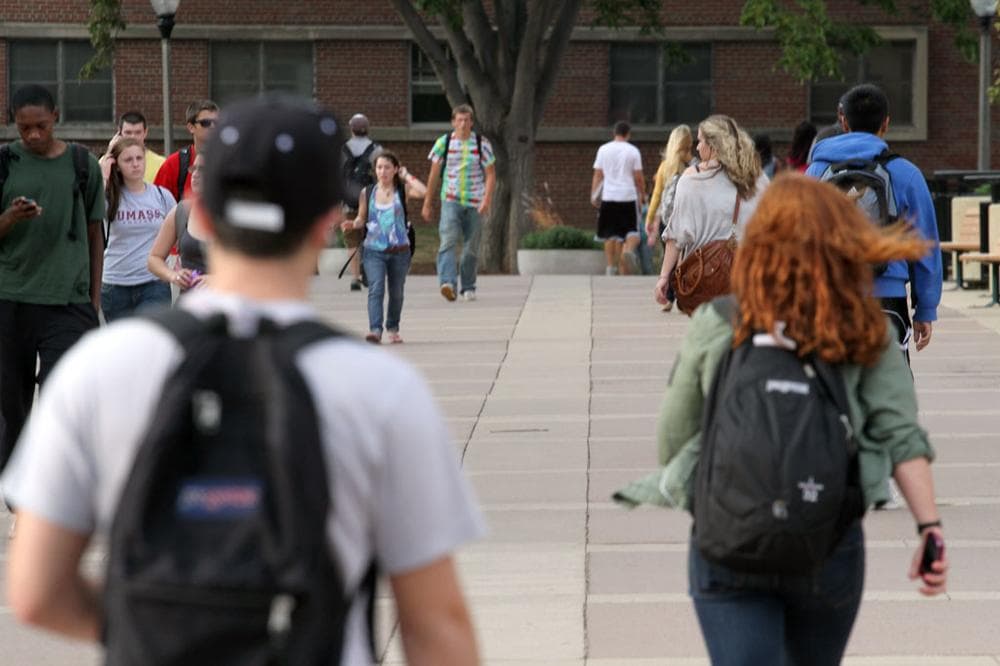 Students walk through the UMass Amherst campus. (Andrew Phelps/WBUR)