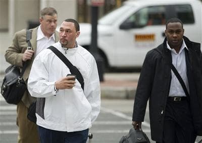 Pittsburgh Steelers quarterback Charlie Batch, center, New York Jets fullback Tony Richardson, right, and former NFL player Pete Kendall arrive for talks on the NFL labor deal in Washington.(AP)