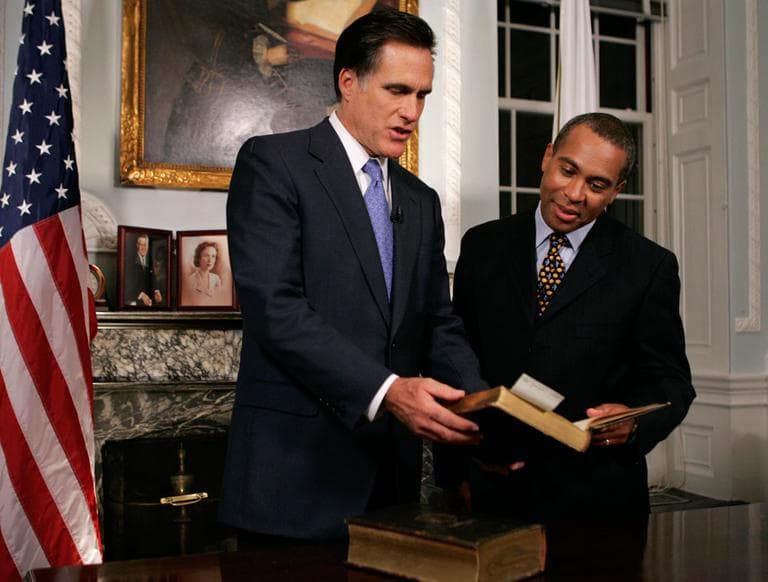 Massachusetts&#039; last two governors, in January 2007. On national television, Gov. Deval Patrick praised former Gov. Mitt Romney for the state&#039;s 2006 universal health care law. (AP)