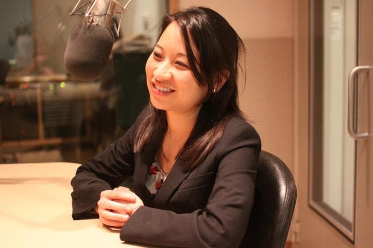 Alice Chen speaks to WBUR's Sacha Pfeiffer. Chen, 29, has won the prestigious Lemelson-MIT Student Prize for developing a humanized mouse with a tissue-engineered liver. (Kirk Carapezza for WBUR)